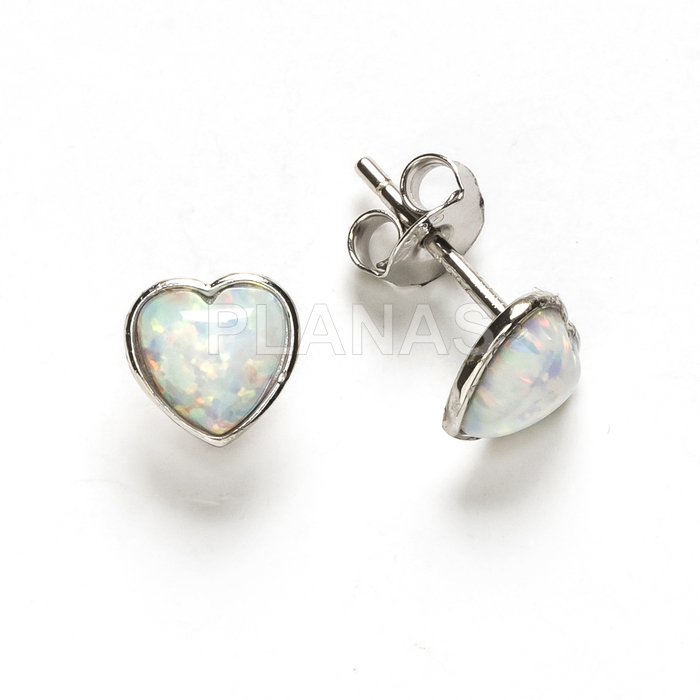 Earrings in rhodium-plated sterling silver and opal. heart.