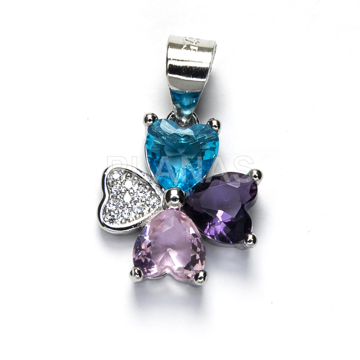 Pendant in sterling silver and colored zircons. clover.