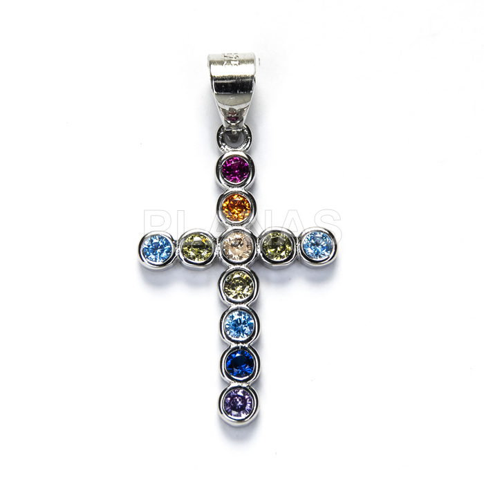 Pendant in sterling silver and colored zircons. cross.