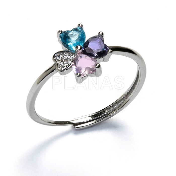 Ring in rhodium-plated sterling silver and coloured zircons. trebol.