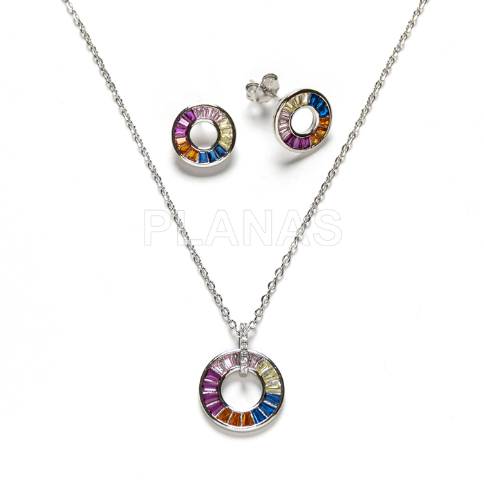 Set in rhodium-plated sterling silver and colored zircons.  