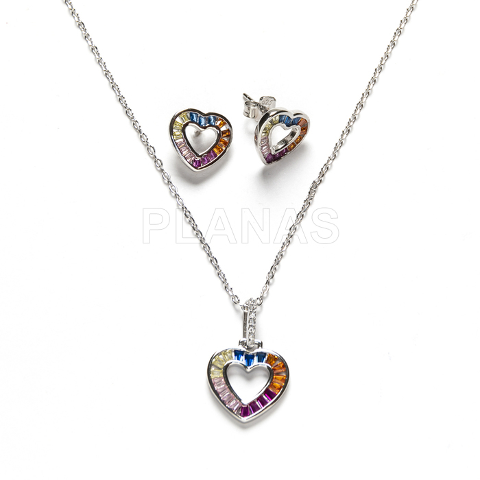 Set in rhodium-plated sterling silver and colored zircons. heart.