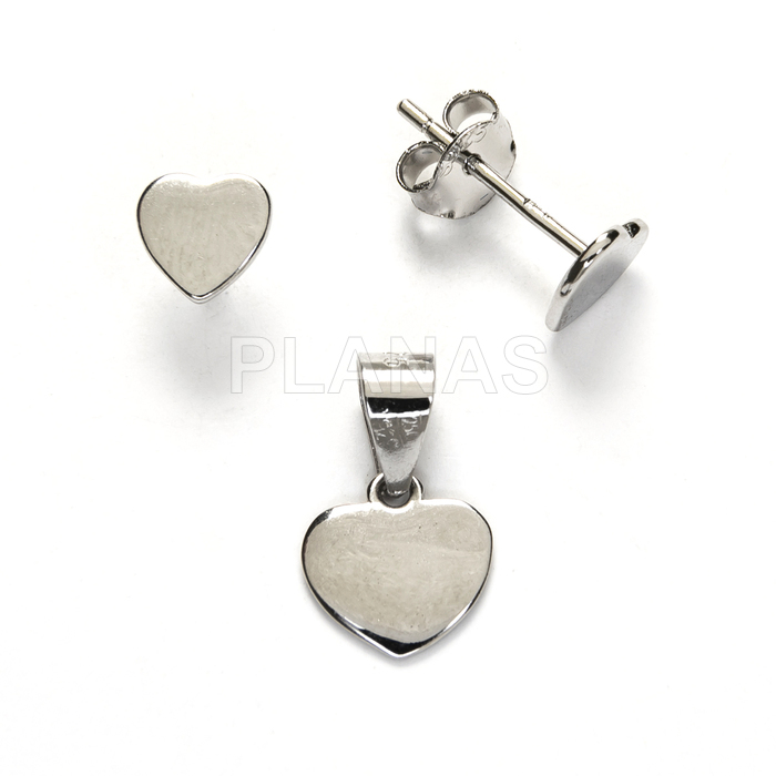 Set of earrings and pendant in rhodium-plated sterling silver. heart.