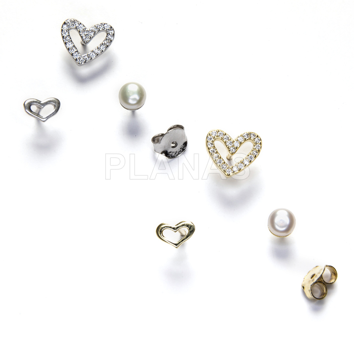 3 units of earrings in rhodium-plated sterling silver. heart.