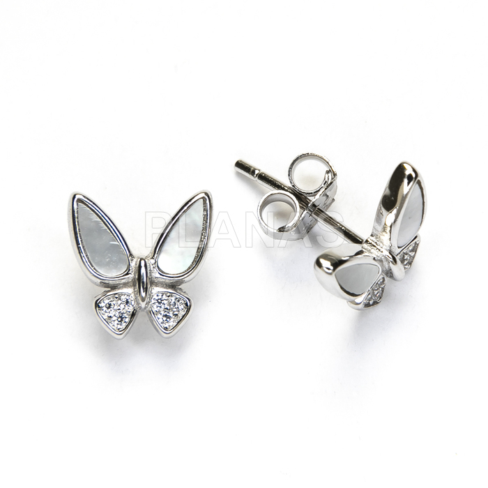 Pendientes en Plata de ley con circonitas y Nacar. MARIPOSA.