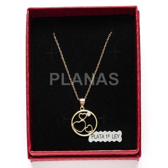 Necklace in sterling silver and gold plated with zirconia. hearts.  