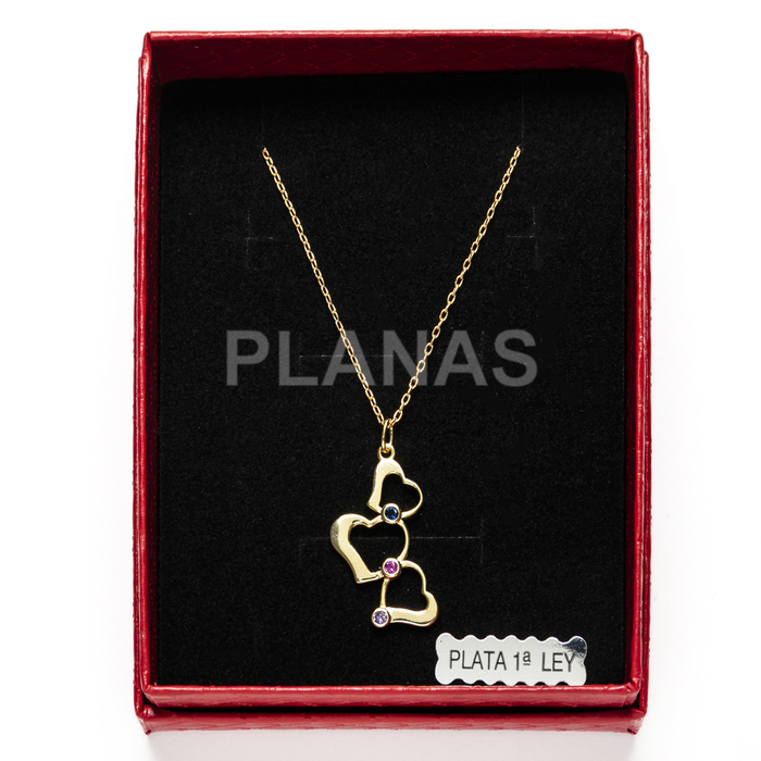 Necklace in sterling silver and gold plated with zirconia. hearts.  