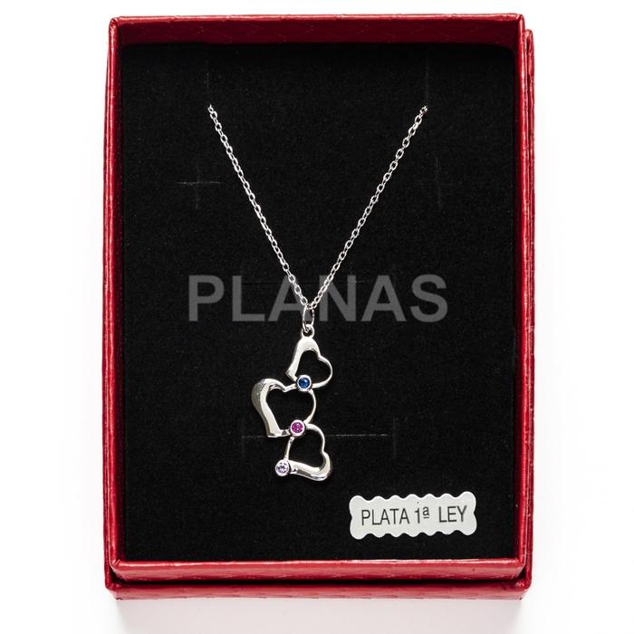 Necklace in rhodium-plated sterling silver with zircons. hearts.  