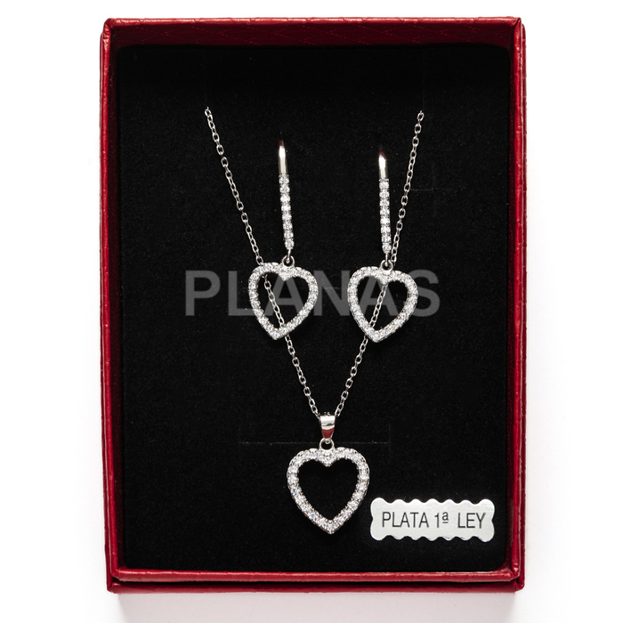 Set of earrings and pendant in rhodium-plated sterling silver and zirconia. heart.