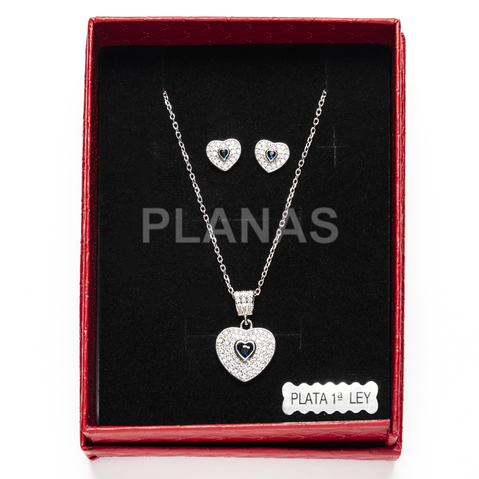 Set of earrings and pendant in rhodium-plated sterling silver and zirconia. heart.