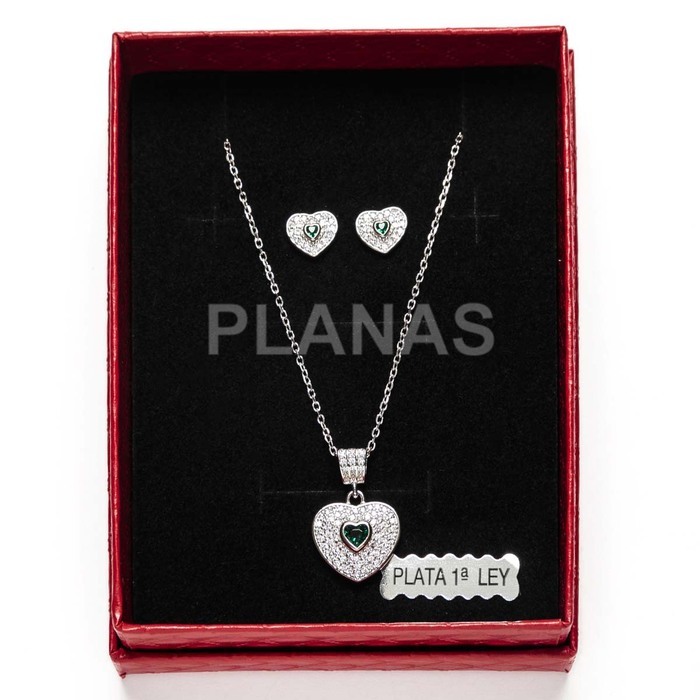 Set of earrings and pendant in rhodium-plated sterling silver and zirconia. heart.