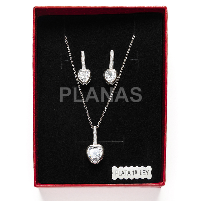 Set of earrings and pendant in rhodium-plated sterling silver and zirconia. heart.