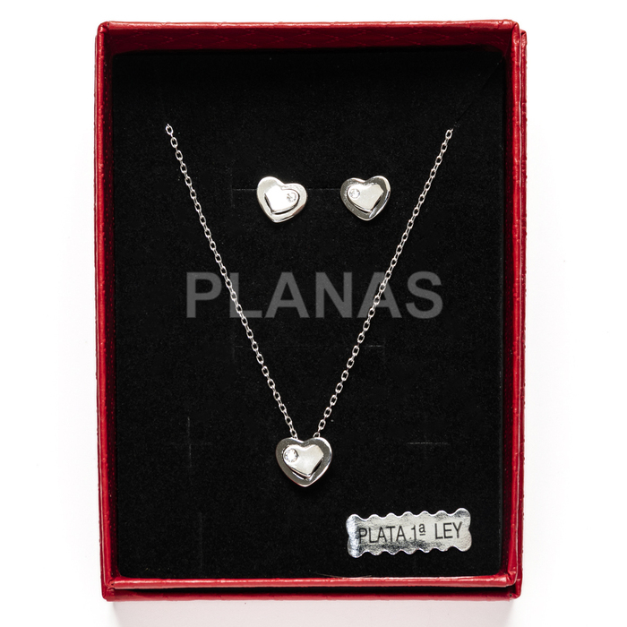 Set of earrings and pendant in rhodium-plated sterling silver and zirconia. heart.