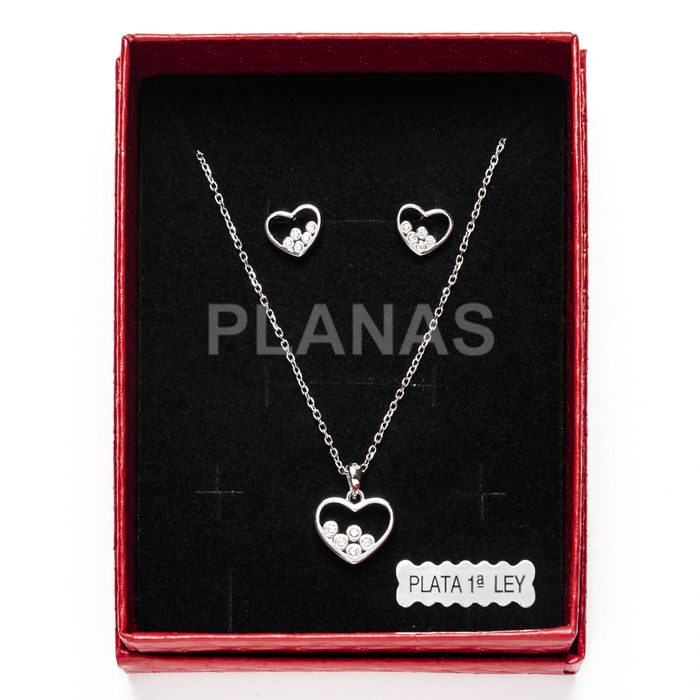 Set of earrings and pendant in rhodium-plated sterling silver and zirconia. heart.