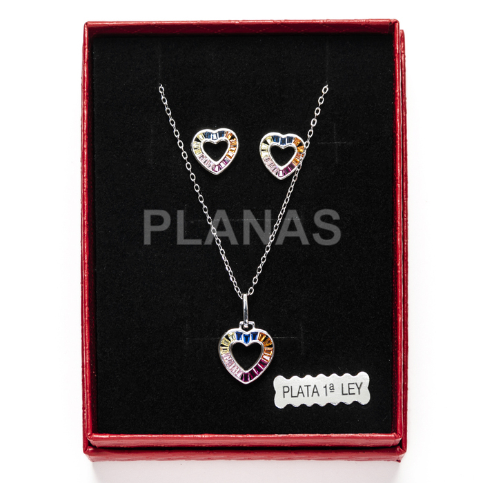 Set of earrings and pendant in rhodium-plated sterling silver and coloured zirconia. heart.