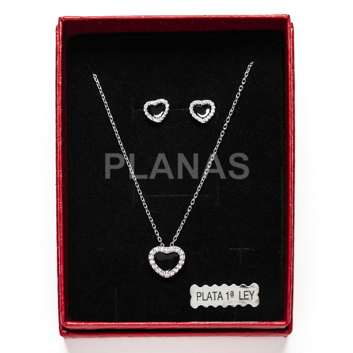 Set of earrings and pendant in rhodium-plated sterling silver and zirconia. heart.