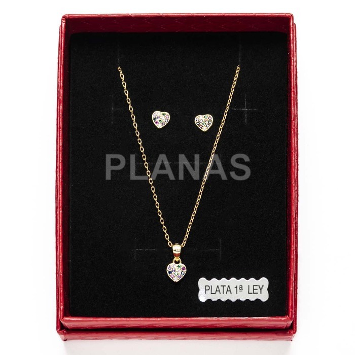 Conjunto de Pendientes y Colgante en plata de ley  y Baño Oro con Circonitas. CORAZÓN.