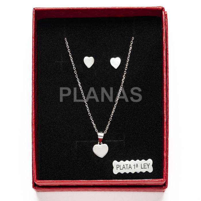 Set of earrings and pendant in rhodium-plated sterling silver. heart.