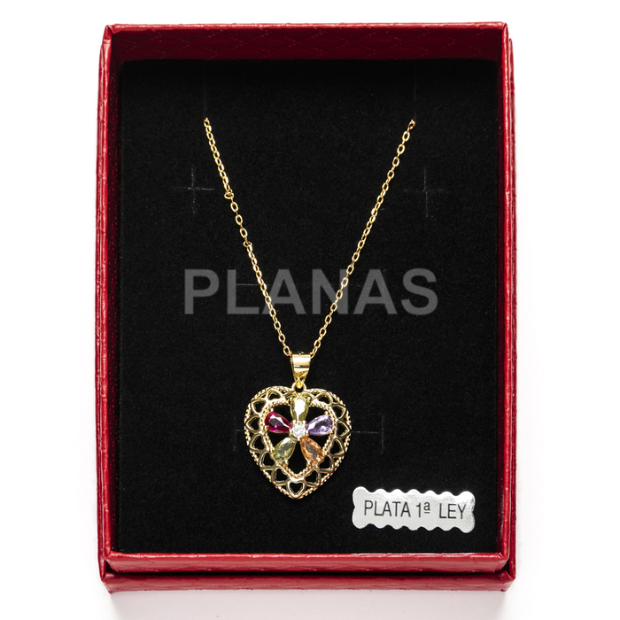 Necklace in sterling silver and gold plating with coloured zirconia. hearts.  