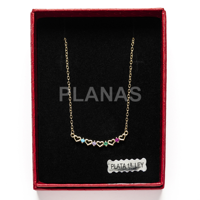 Necklace in sterling silver and gold plating with coloured zirconia. hearts.  