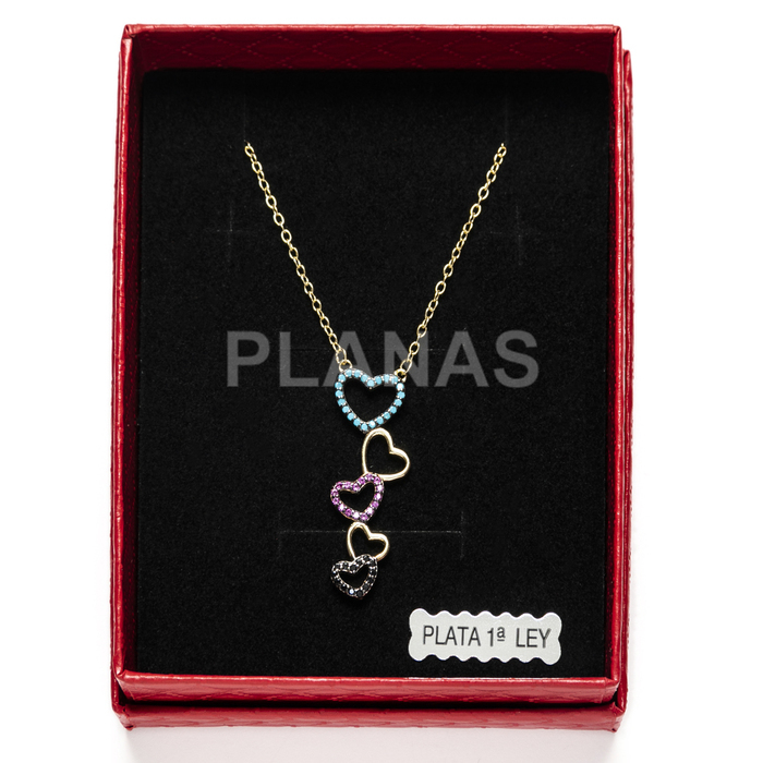 Necklace in sterling silver and gold plated with zirconia. hearts.  