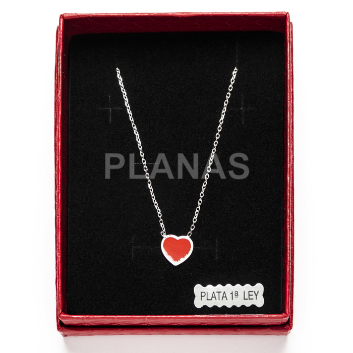 Necklace in rhodium-plated sterling silver and enamel. heart.  