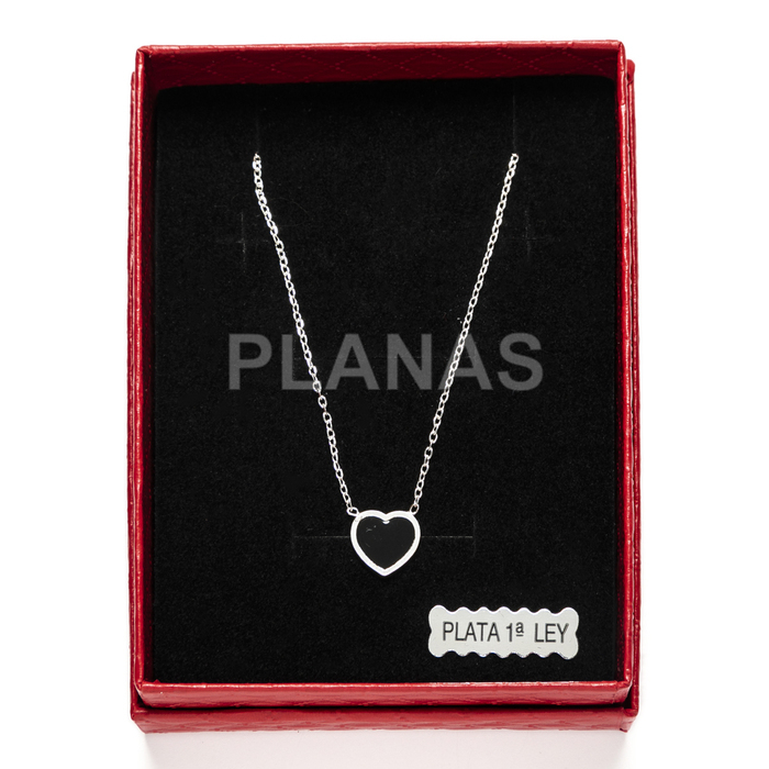 Necklace in rhodium-plated sterling silver and black enamel. heart.  