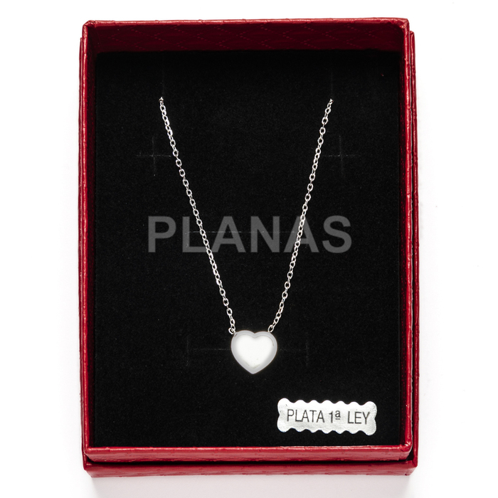 Necklace in rhodium-plated sterling silver and white enamel. heart.  