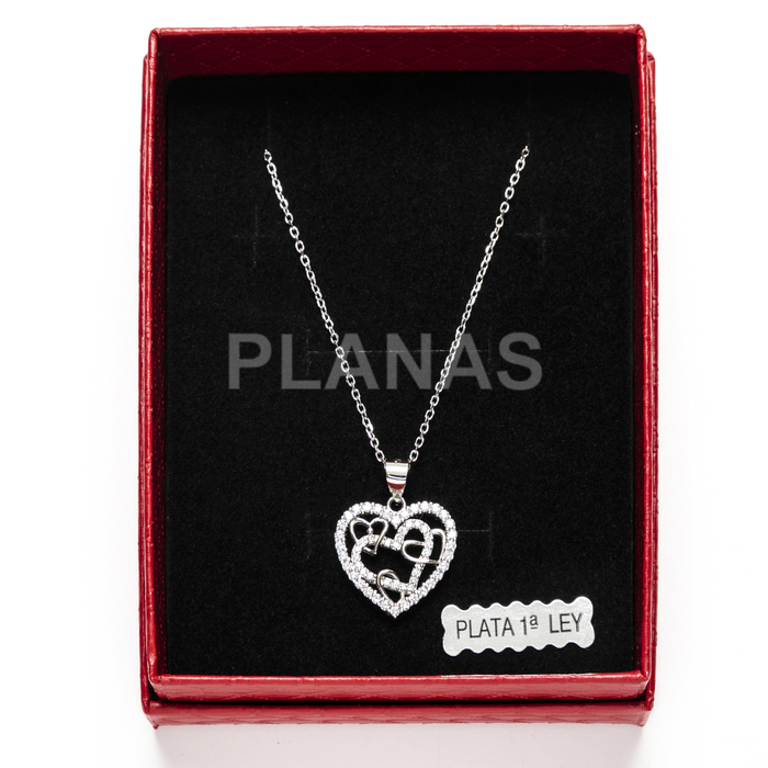 Necklace in rhodium-plated sterling silver and zircons. hearts.  
