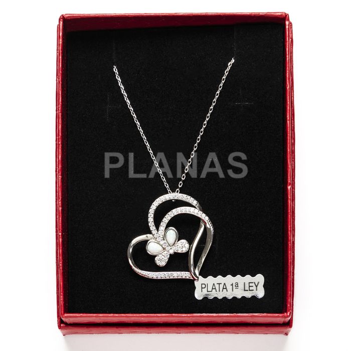 Necklace in rhodium-plated sterling silver with zirconia and opal. heart and butterfly.  