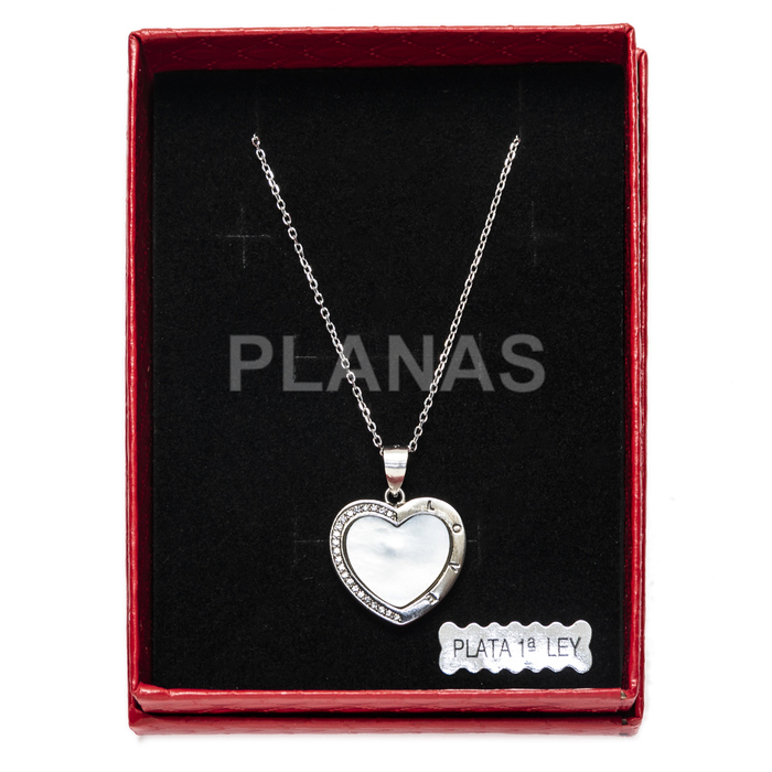 Necklace in rhodium-plated sterling silver with zirconia and mother-of-pearl. heart.  