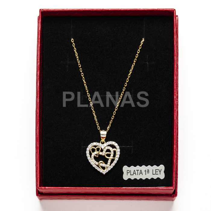 Necklace in sterling silver and gold plated with zirconia. hearts.  