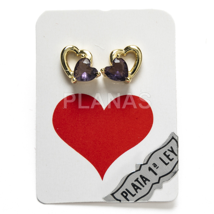 Sterling silver and gold plated earrings with zircons. heart.