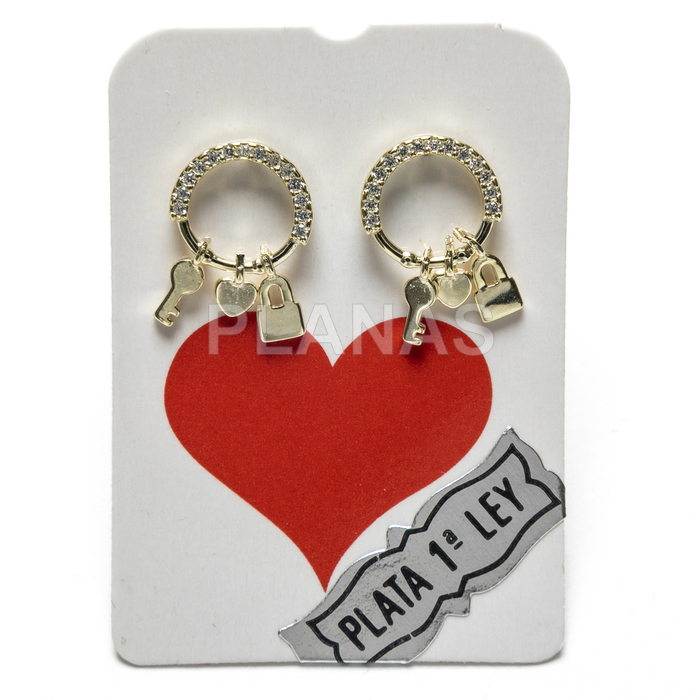 Sterling silver and gold plated earrings with zircons. heart, key and padlock.