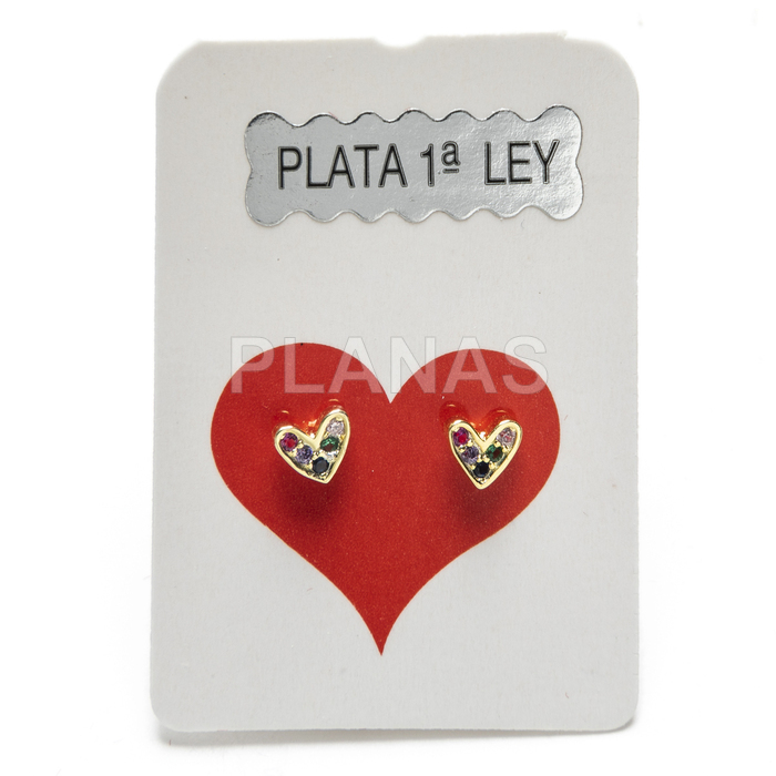 Sterling silver and gold plated earrings with colored zircons. heart.