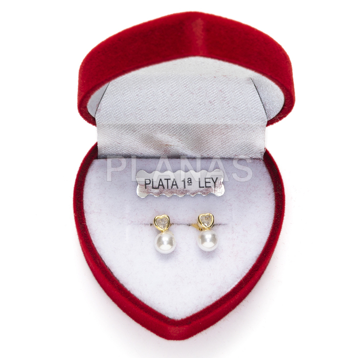 Sterling silver and gold plated earrings with zirconia and shell pearl. heart.