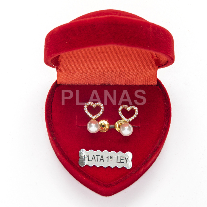 Sterling silver and gold plated earrings with zircons and shell pearl. heart.
