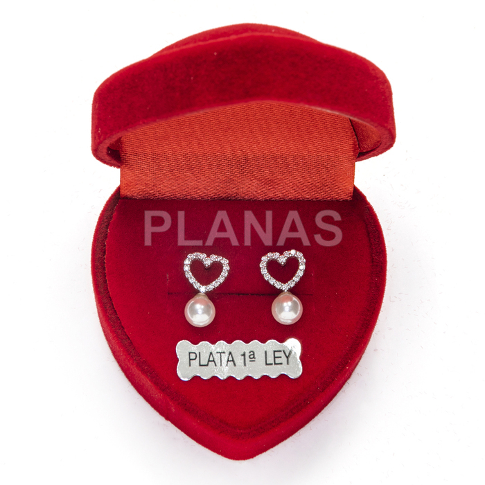 Earrings in rhodium-plated sterling silver with zircons and shell pearl. heart.