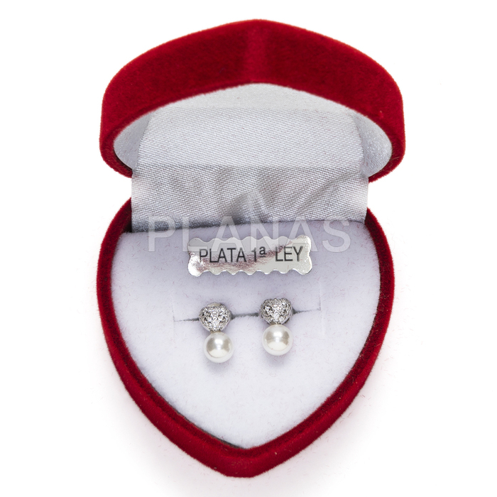 Earrings in rhodium-plated sterling silver with zircons and shell pearl. heart.