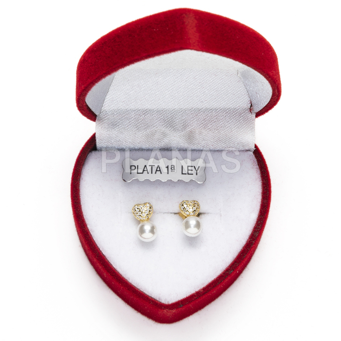 Sterling silver and gold plated earrings with zircons and shell pearl. heart.