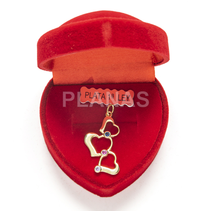 Colgante en Plata de Ley y Baño Oro con Circonitas. CORAZÓNES.  