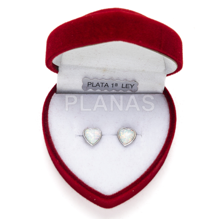 Earrings in rhodium-plated sterling silver and opal. heart.