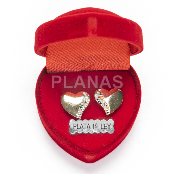 Sterling silver and gold plated earrings with colored zircons. heart.