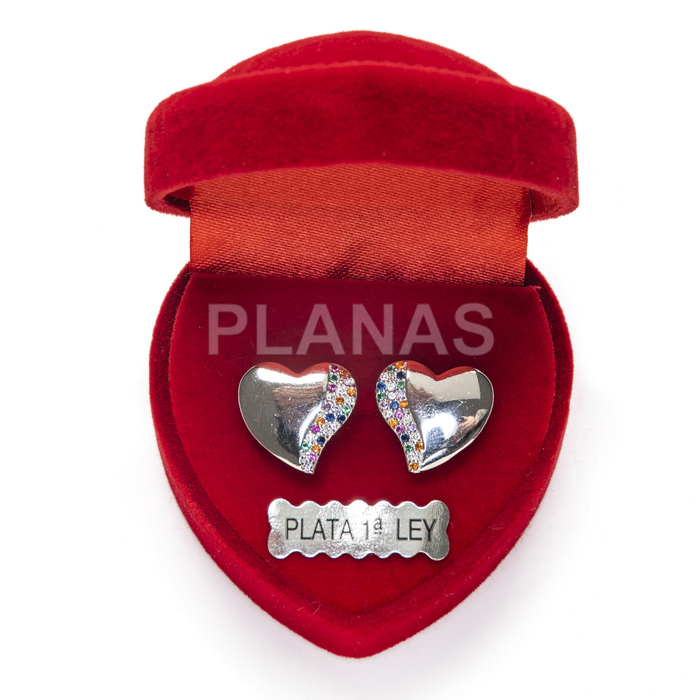 Earrings in rhodium-plated sterling silver with zircons. heart.
