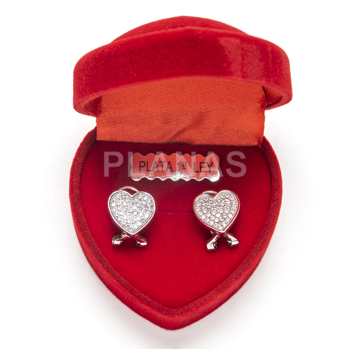 Earrings in rhodium-plated sterling silver with zircons. heart.