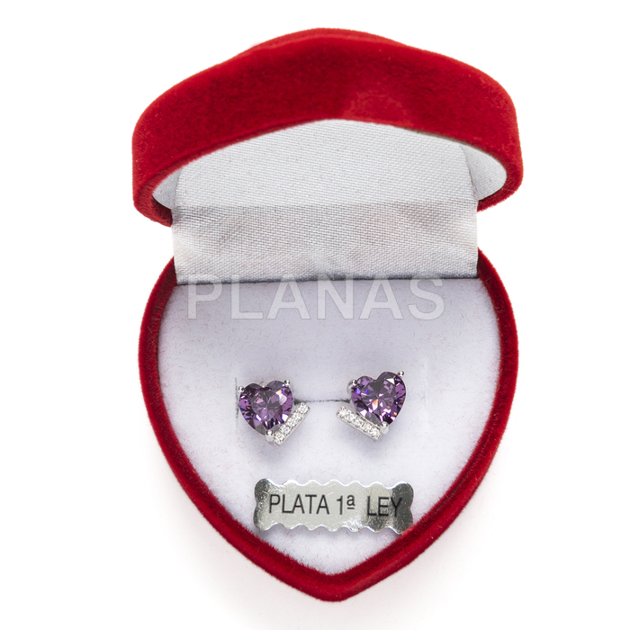 Earrings in rhodium-plated sterling silver with zircons. heart.