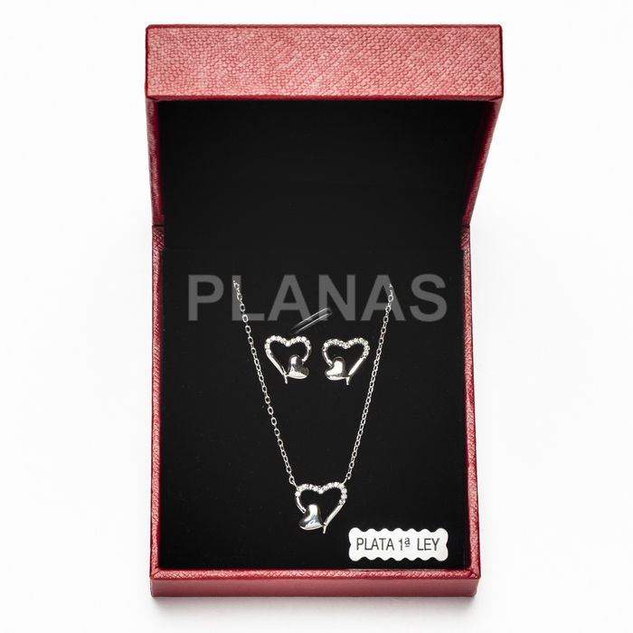Set of earrings and pendant in rhodium-plated sterling silver and zirconia. heart.
