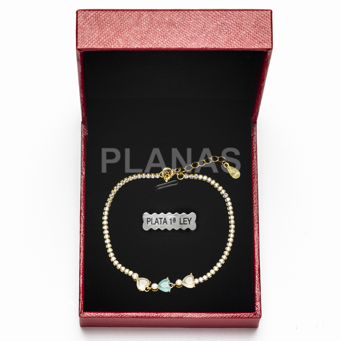 Sterling silver and gold plated bracelet with coloured zirconia. hearts.  
