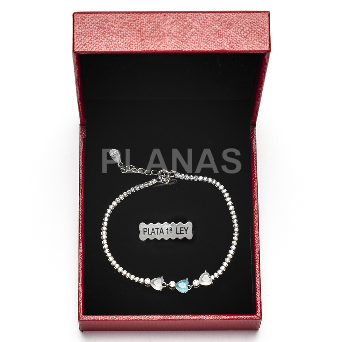 Bracelet in rhodium-plated sterling silver with colored zircons. hearts.  