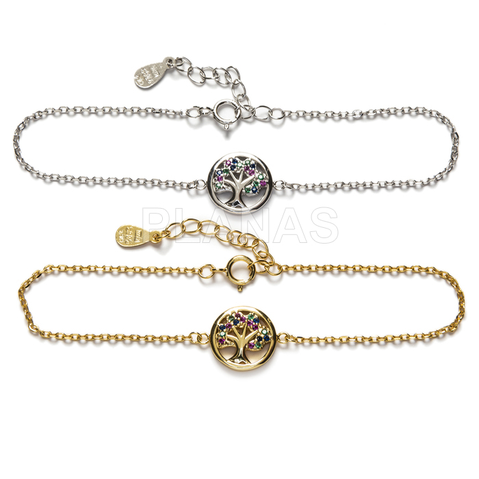 Sterling silver bracelet with colored zirconia. tree of life.